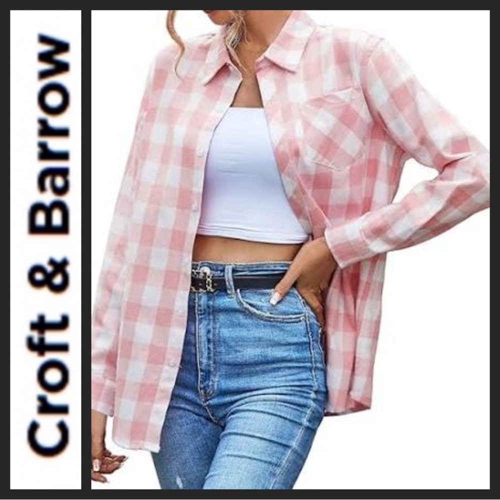 NWT Croft & Barrow Pink Buffalo Plaid Oversized Flannel